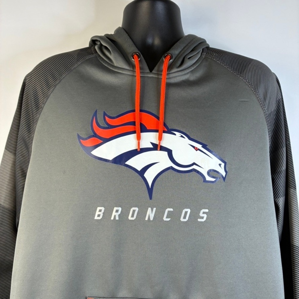 Majestic Denver Broncos NFL Therma Base Hoodie Mens‎ Large Grey Orange Pullover - Picture 11 of 16